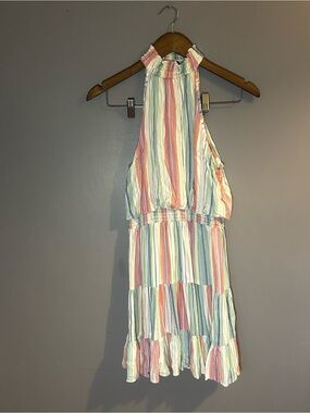 Angie Boho Halter Dress Size M Striped Smocked Waist Tiered Summer Festival